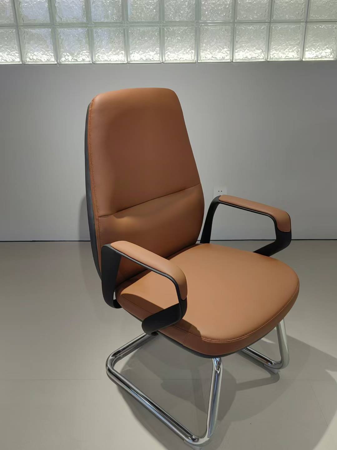 Modern Tan Leather Office Chair with Chrome Base